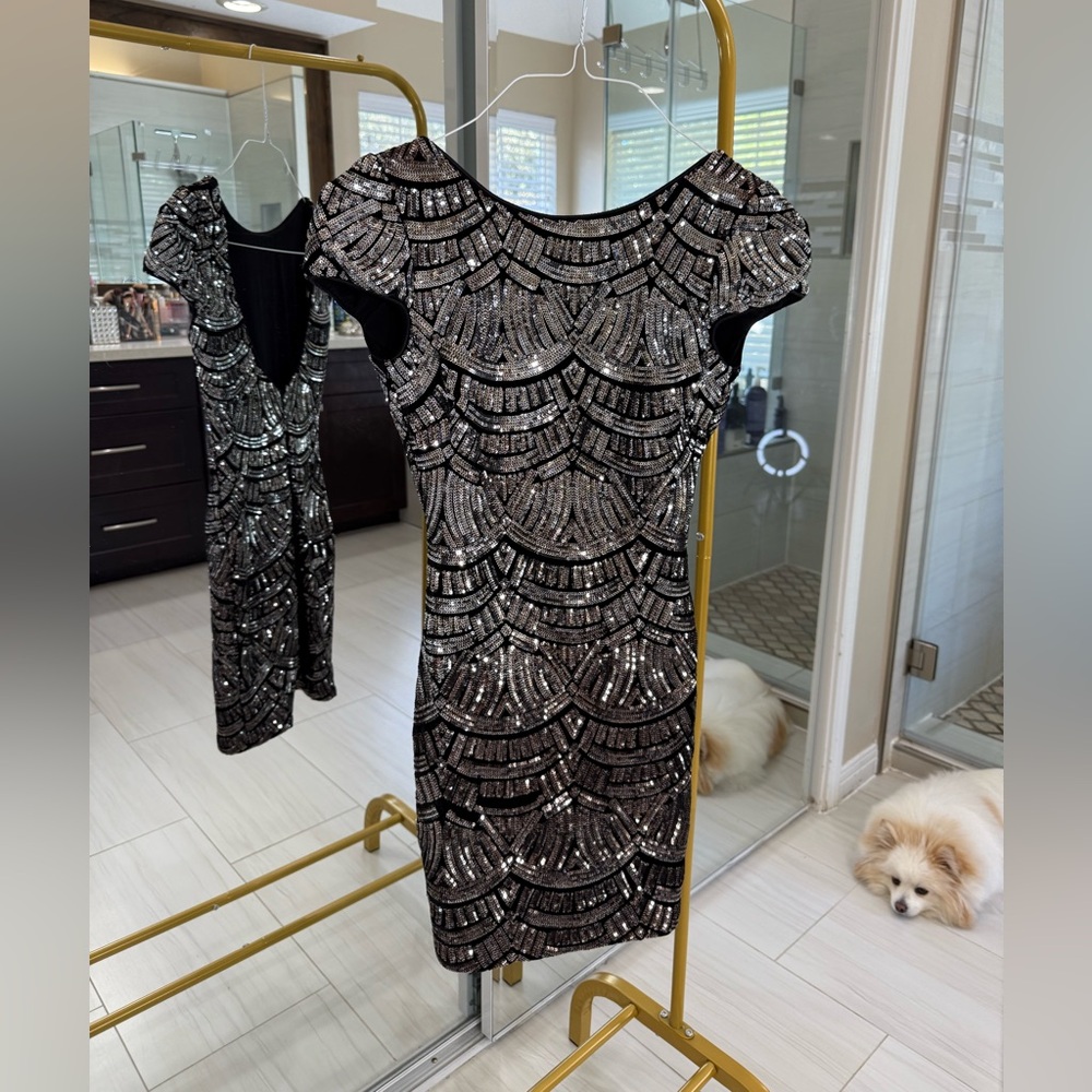 Dress the Population Black and Silver Backless Dress (A61)